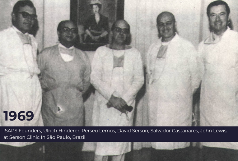 ISAPS FOUNDERS AT SERSON CLINIC IN SÃO PAULO BRAZIL- OCTOBER 1969 ULRICH HINDERER, PERSEU LEMOS, DAVID SERSON,  SALVADOR CASTAÑARES, JOHN LEWIS